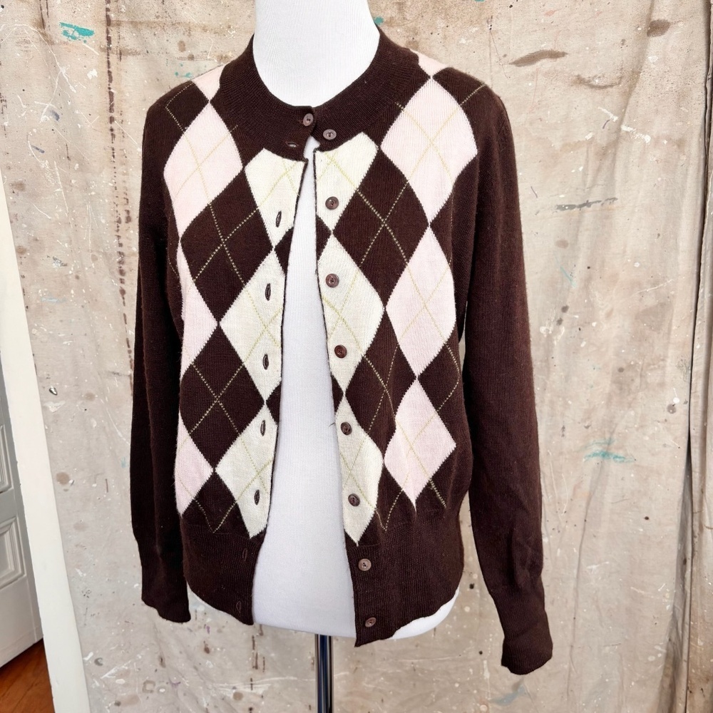 Vintage 2000s 100% Merino Wool Argyle Preppy Cardigan
